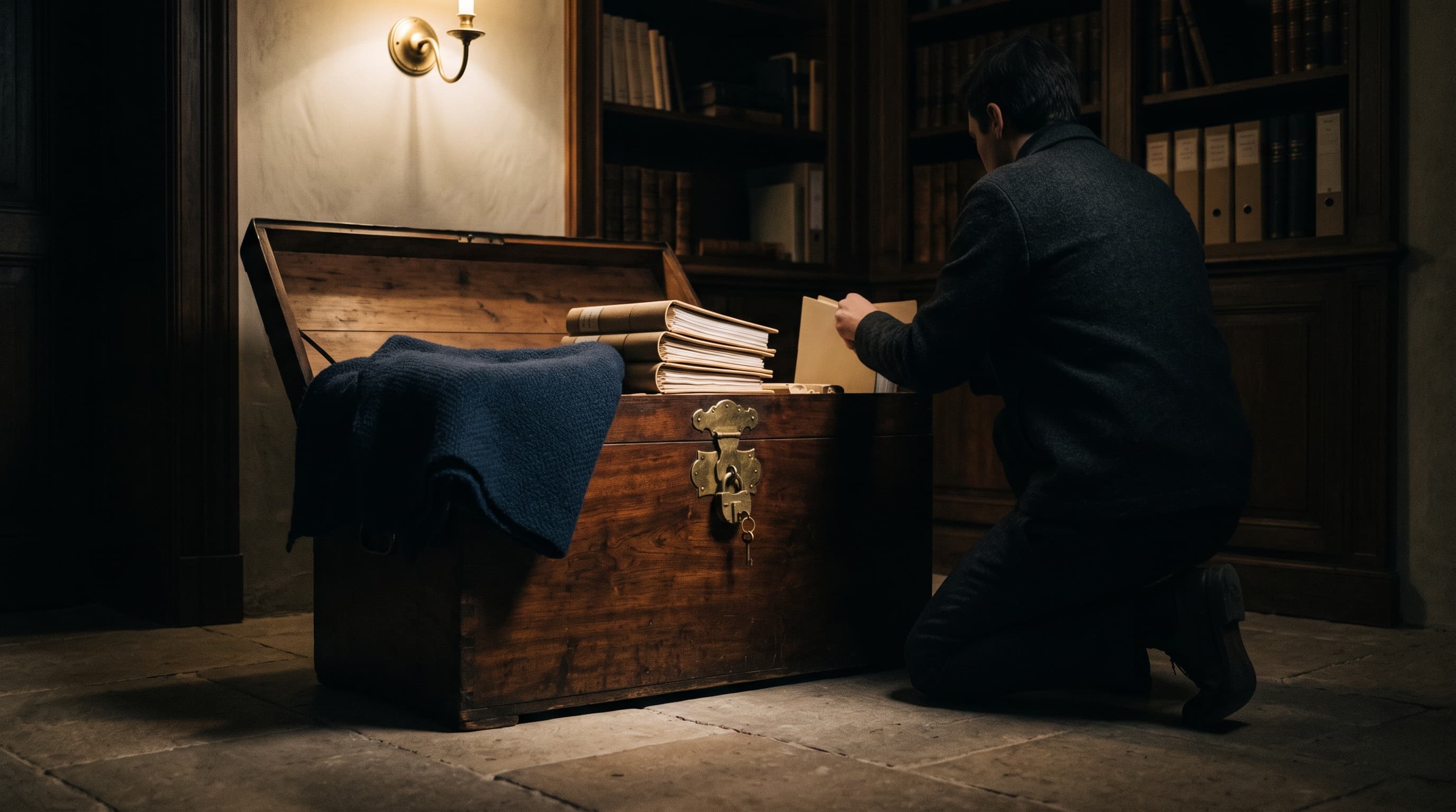 Un coffre éclairé à la lueur laiton, dans un intérieur nuit — l'esprit du garde-meuble Faber.