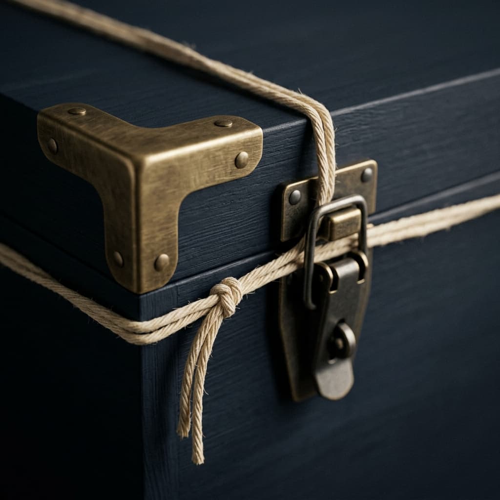 Détail d'une corner bracket en laiton brossé sur une caisse navy — la signature de précision de la maison.