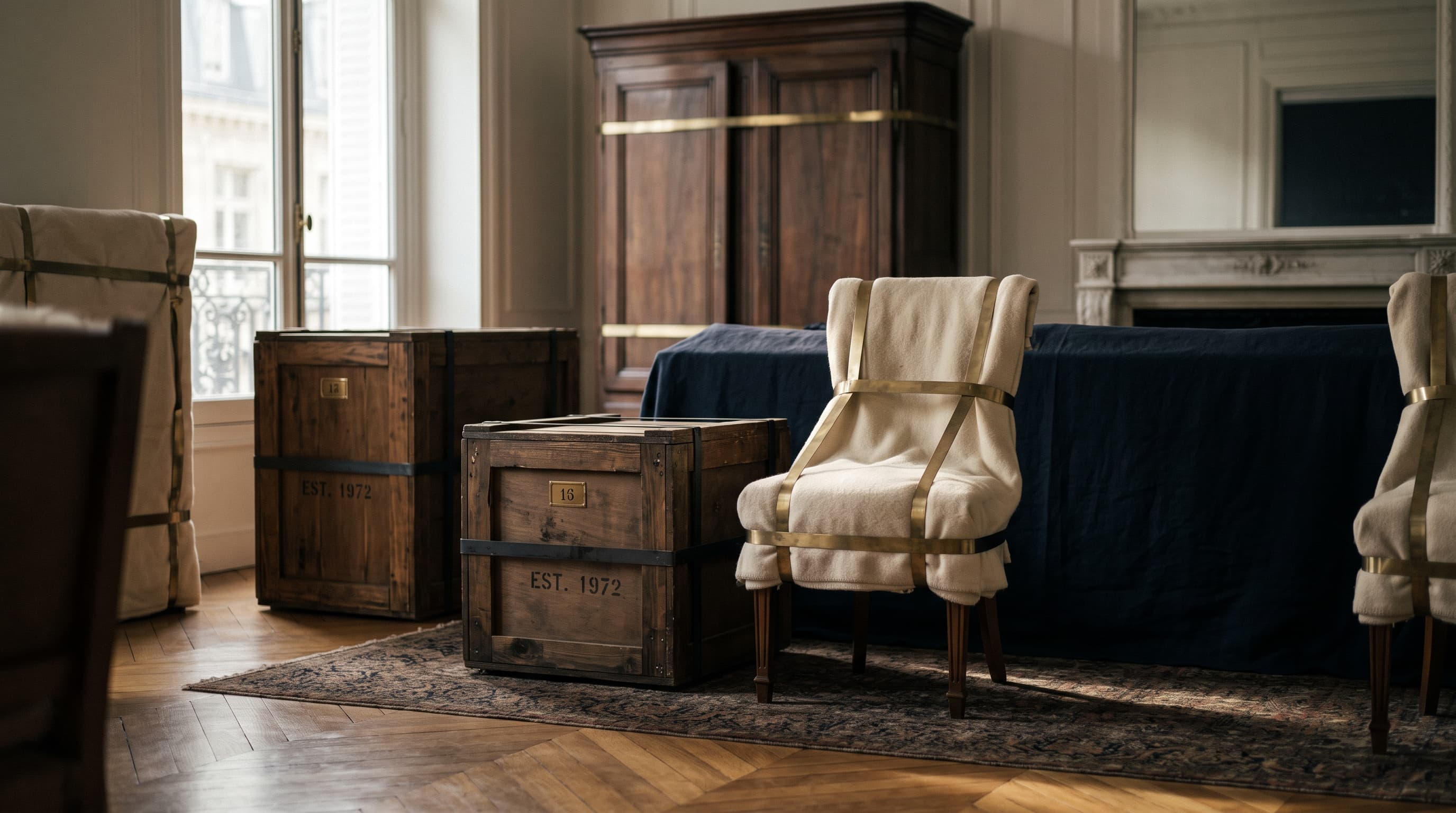 Mobilier ancien protégé dans un écrin de papier et de couvertures, en attendant l'emballage final, dans la lumière feutrée d'un appartement luxembourgeois.