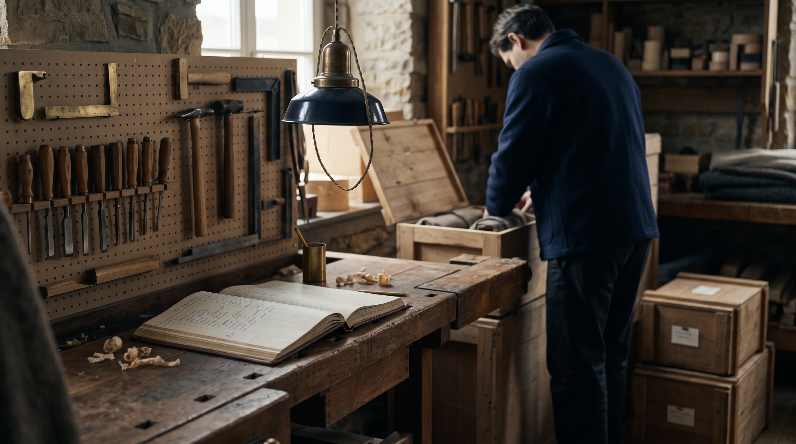 L'atelier historique de la maison Faber : établi en bois, outils en laiton, registre relié — l'esprit patrimonial de la maison.