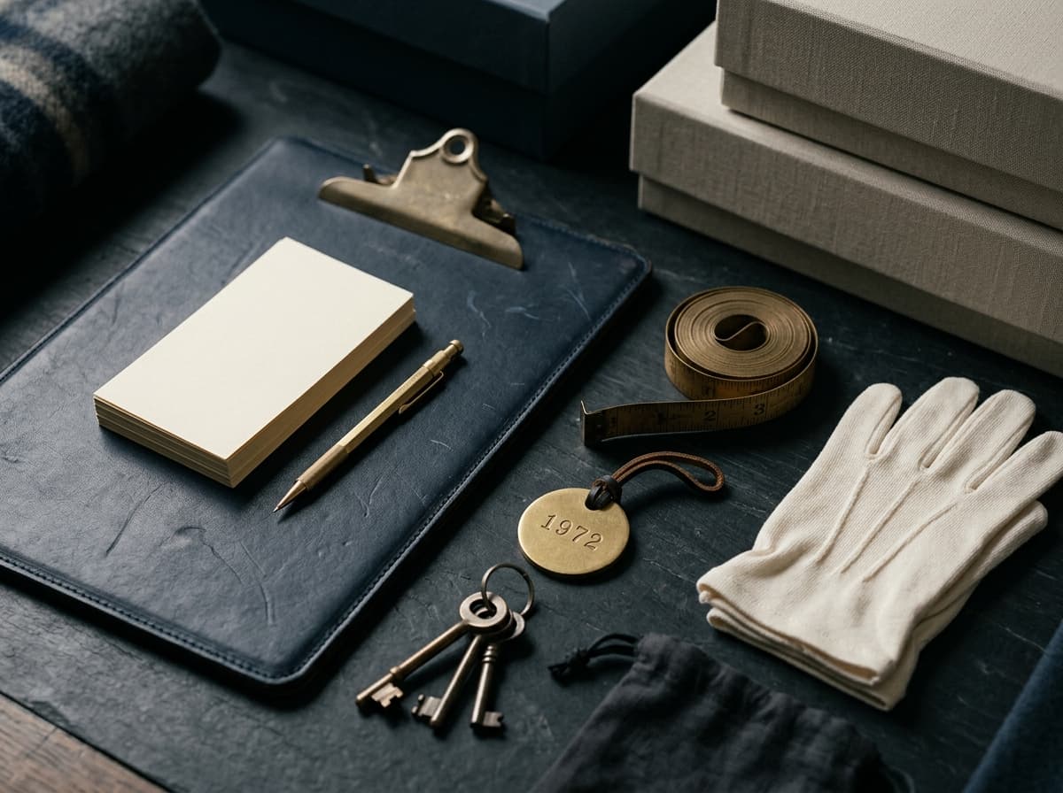 Table de méthode Faber : registre d'inventaire, mètre ruban laiton, étiquette numérotée, gants.