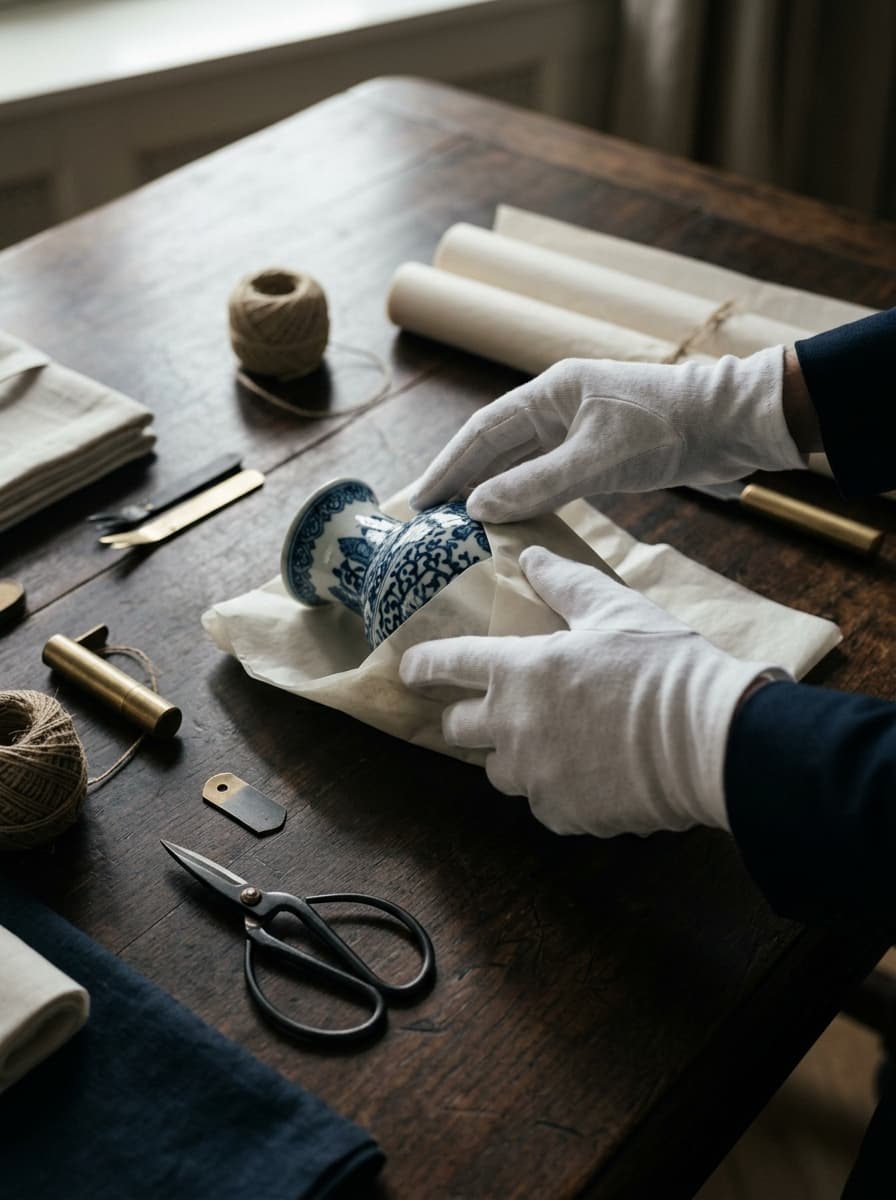Des mains gantées de coton blanc enroulent un vase en porcelaine dans du papier de soie, sur un bois sombre — le geste d'atelier de la maison Faber.