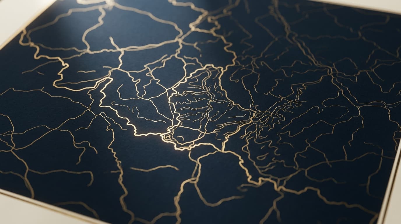 Carte stylisée du Luxembourg et de la Grande Région en lignes laiton sur fond navy.
